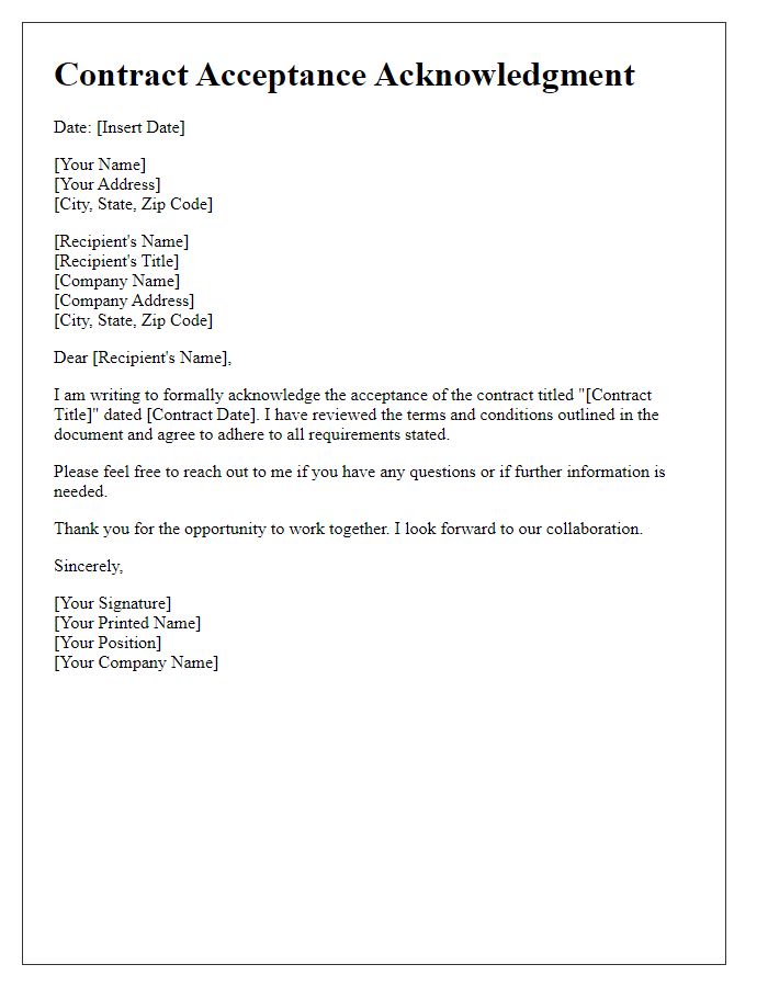 Letter template of Contract Acceptance Acknowledgment