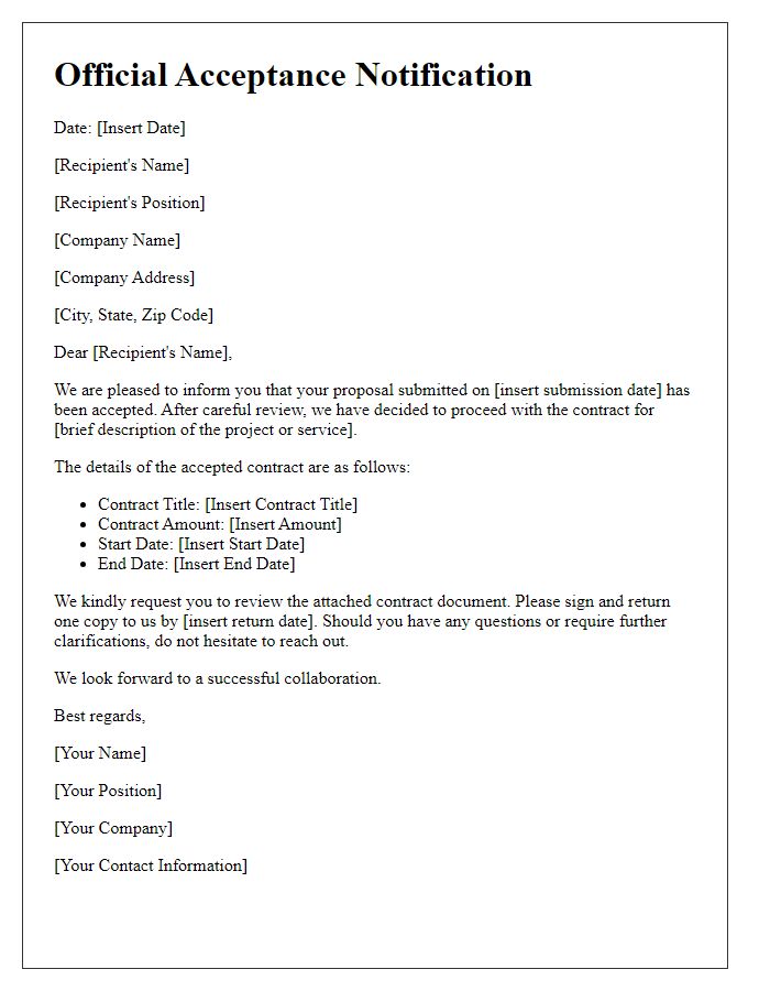 Letter template of Official Acceptance Notification for Contract