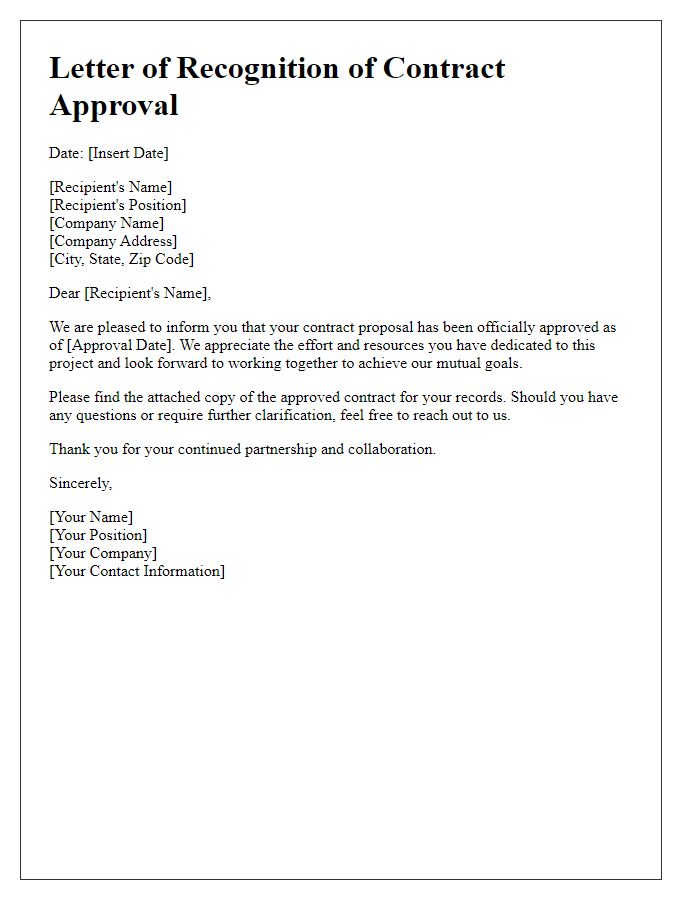 Letter template of Recognition of Contract Approval