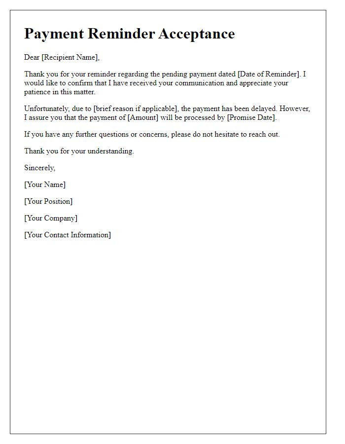 Letter template of acceptance for payment reminder communication.