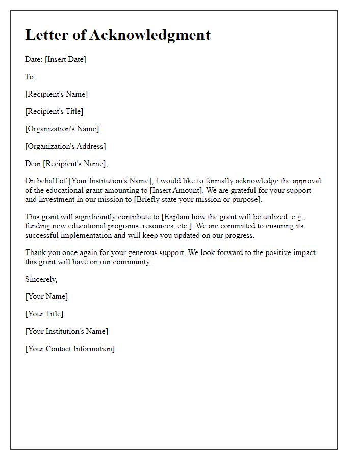 Letter template of acknowledgment for educational grant approval