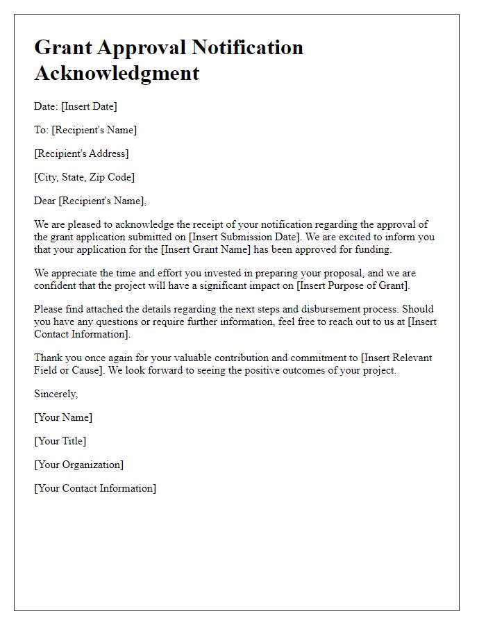 Letter template of notification acknowledgment for grant approval