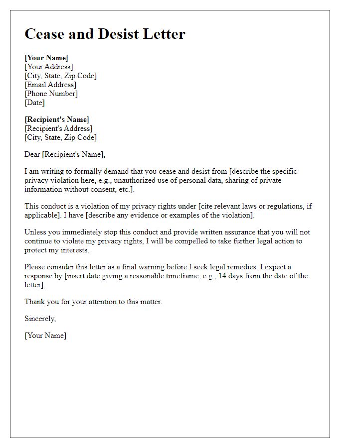 Letter template of cease and desist regarding privacy violations