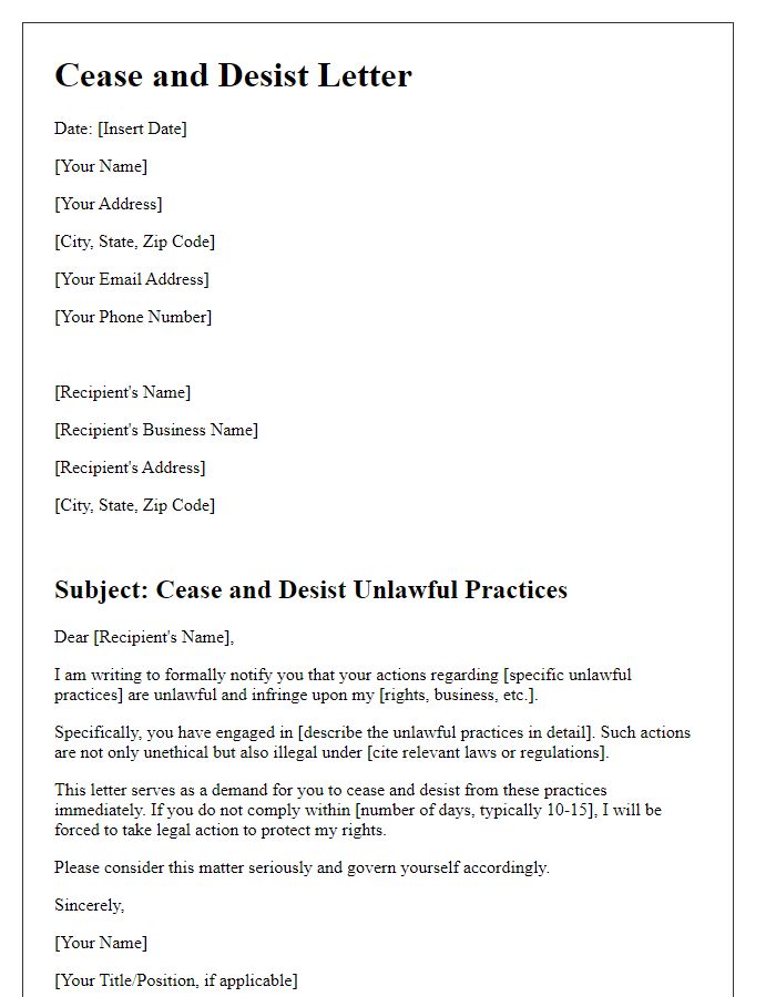 Letter template of cease and desist for unlawful practices