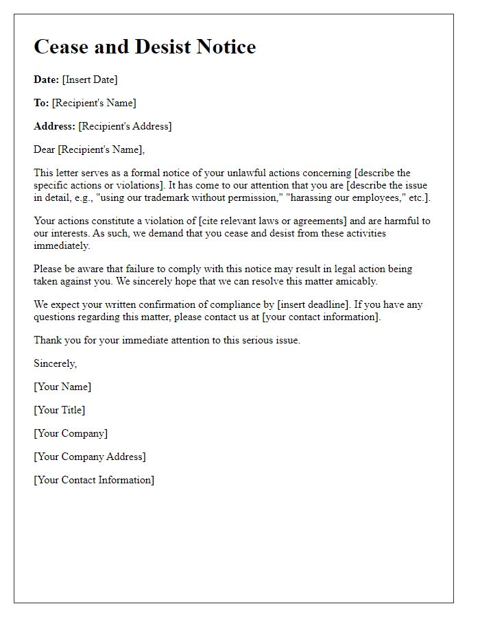 Letter template of formal cease and desist notice