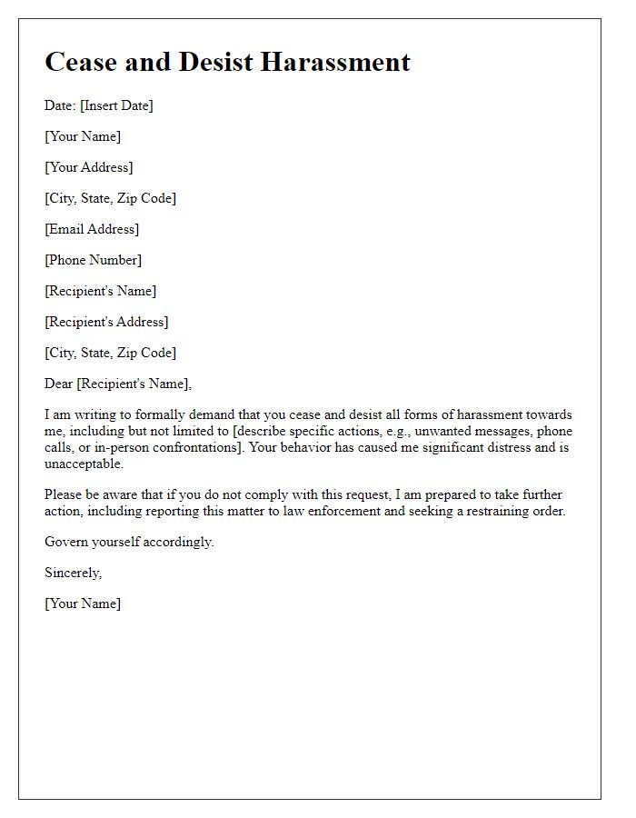 Letter template of harassment cease and desist warning