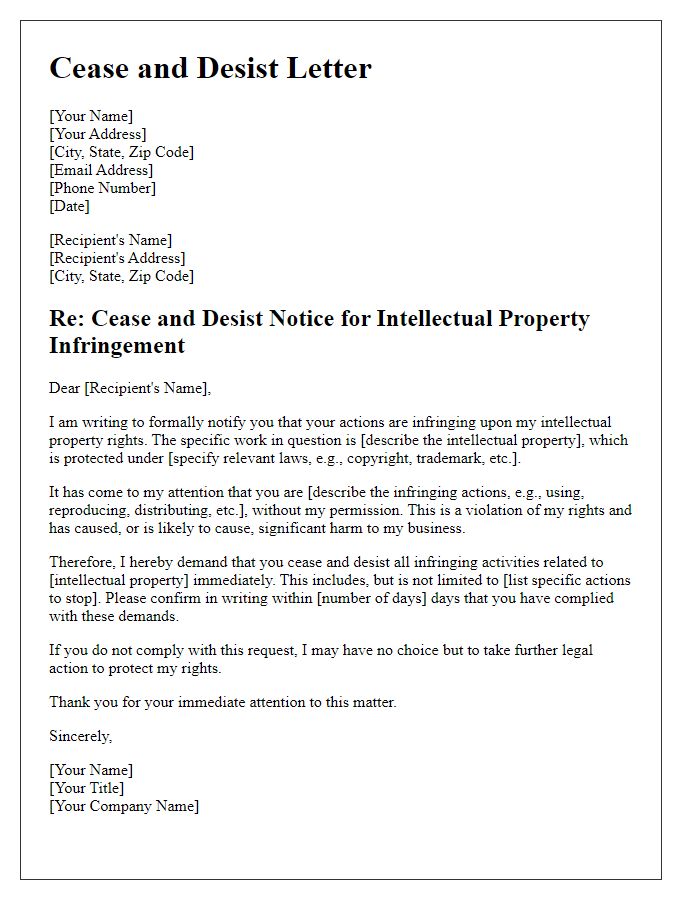 Letter template of intellectual property cease and desist