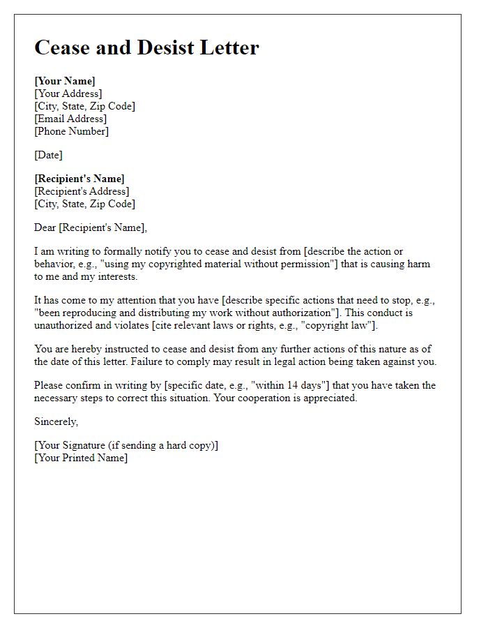 Letter template of legal cease and desist notification