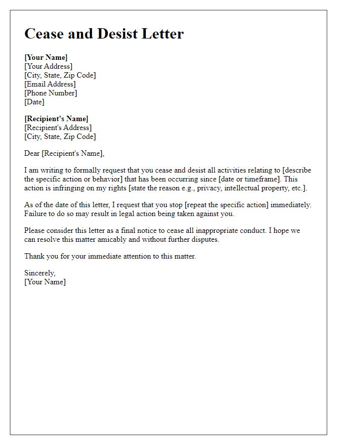 Letter template of personal cease and desist correspondence