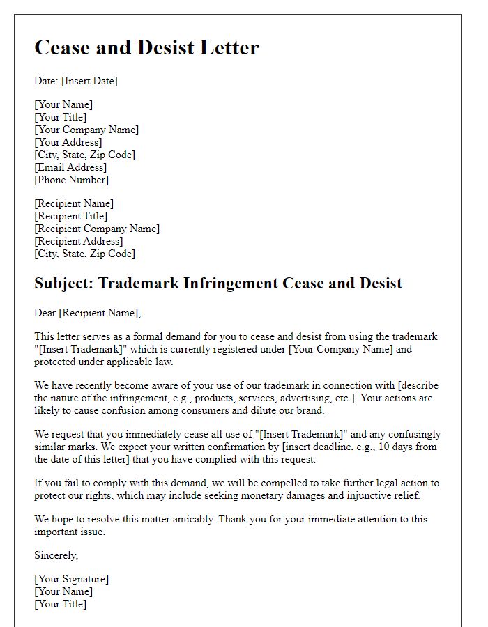 Letter template of trademark cease and desist letter