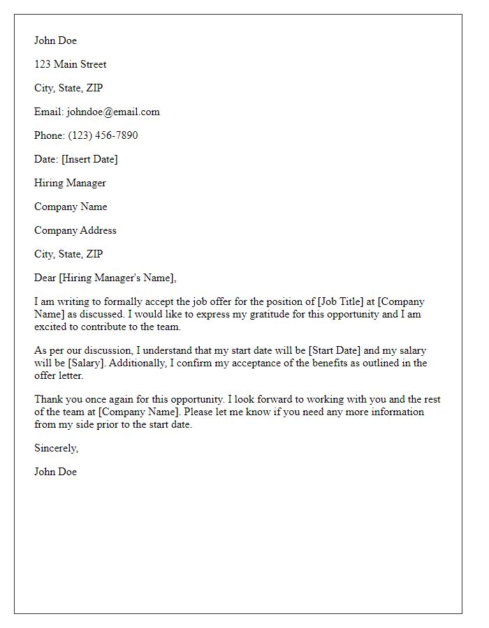 Letter template of acceptance of job offer