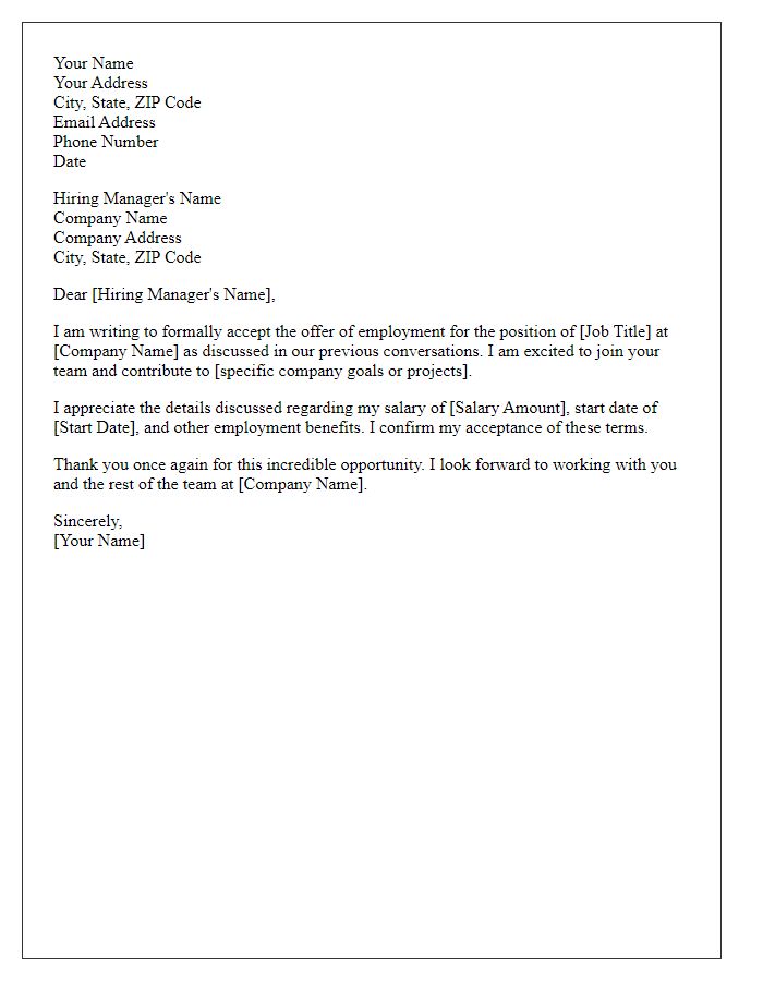 Letter template of formally accepting employment offer