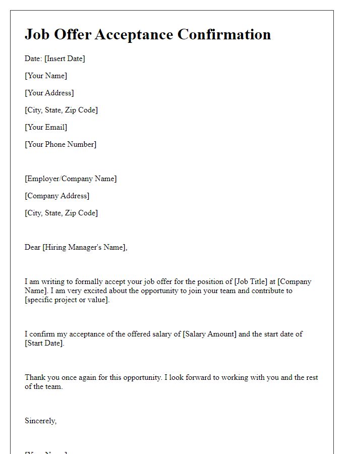 Letter template of job offer acceptance confirmation