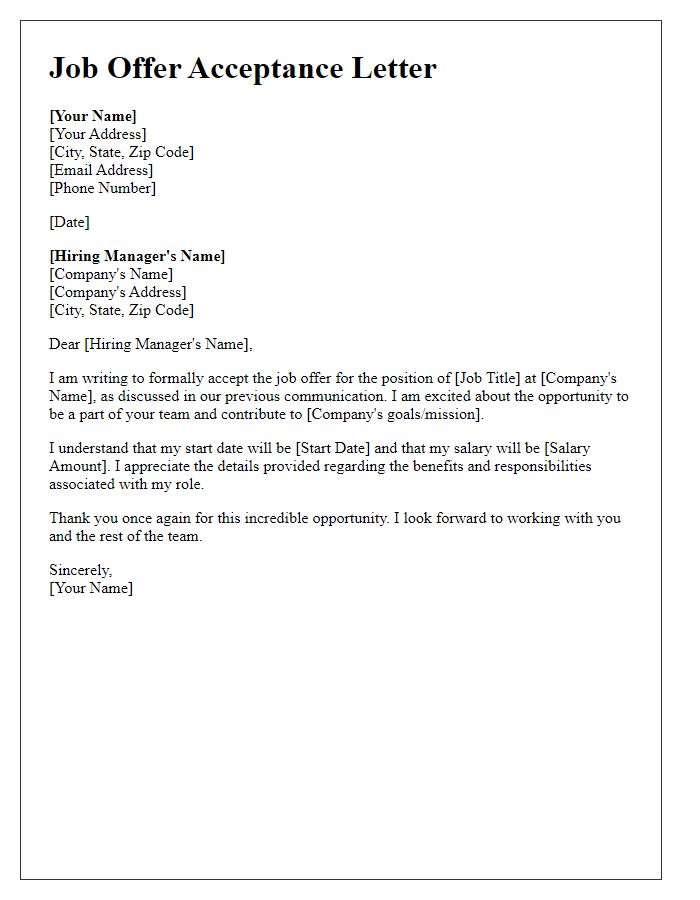 Letter template of written acceptance of job offer