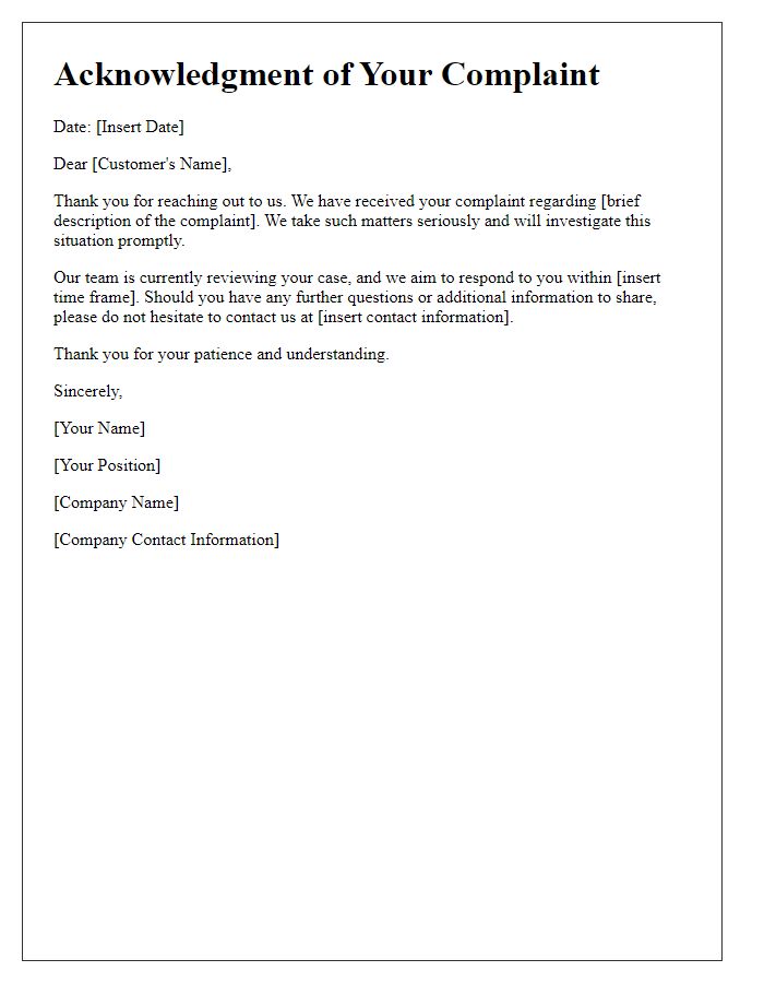 Letter template of Acknowledgment for Your Complaint