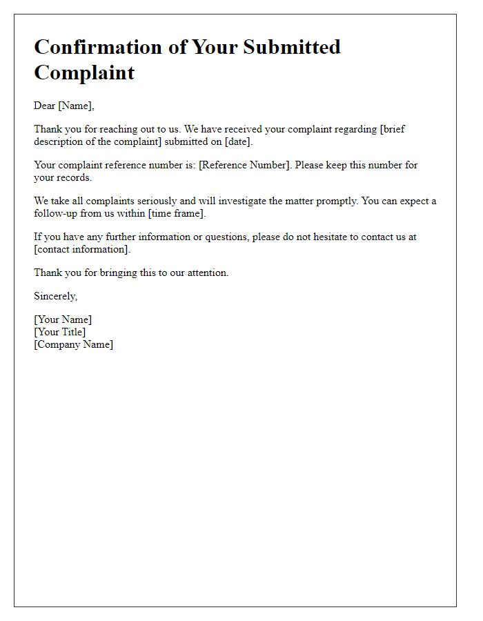 Letter template of Confirmation of Your Submitted Complaint