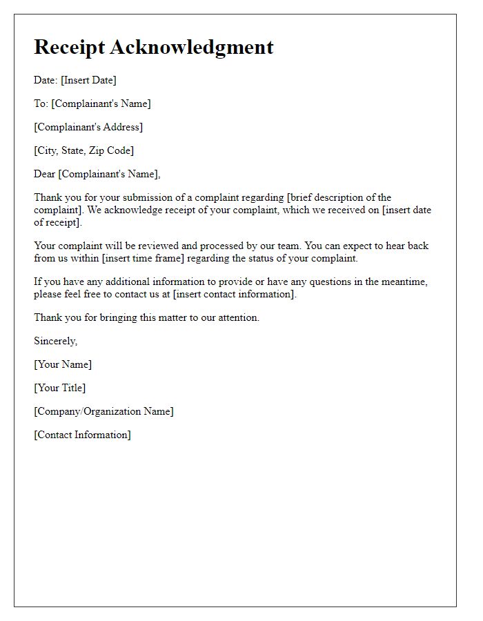 Letter template of Receipt Acknowledgment for Complaint Submission