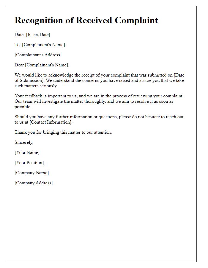 Letter template of Recognition of Received Complaint