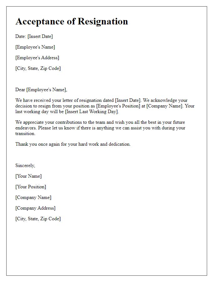 Letter template of acceptance of resignation notice