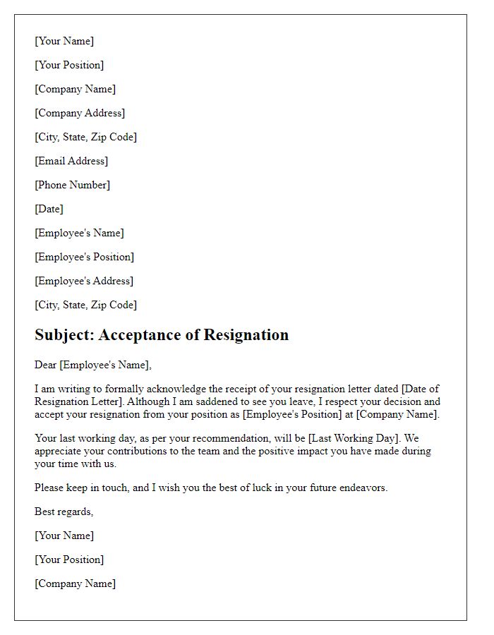 Letter template of professional resignation acceptance