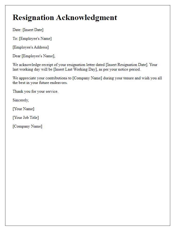 Letter template of resignation acknowledgment for HR records