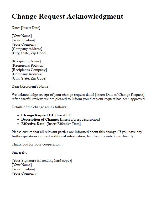 Letter template of acknowledgment for change request acceptance