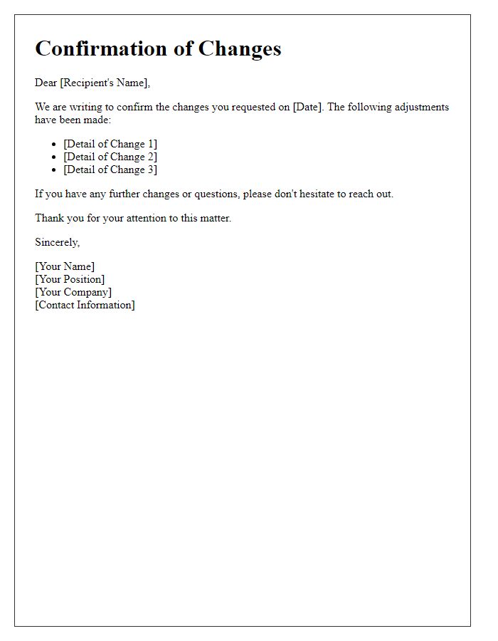 Letter template of confirmation for requested changes