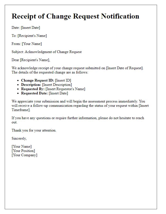 Letter template of receipt of change request notification