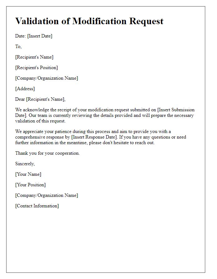 Letter template of validation for modification request received