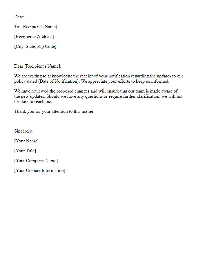 Letter template of acknowledgement for policy update notification