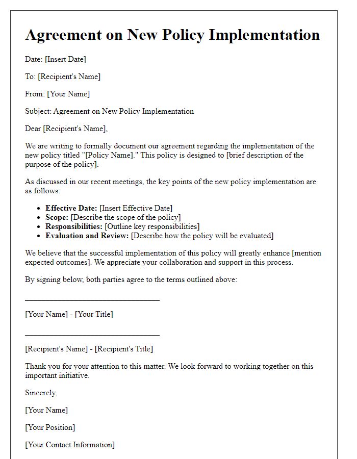 Letter template of agreement on new policy implementation