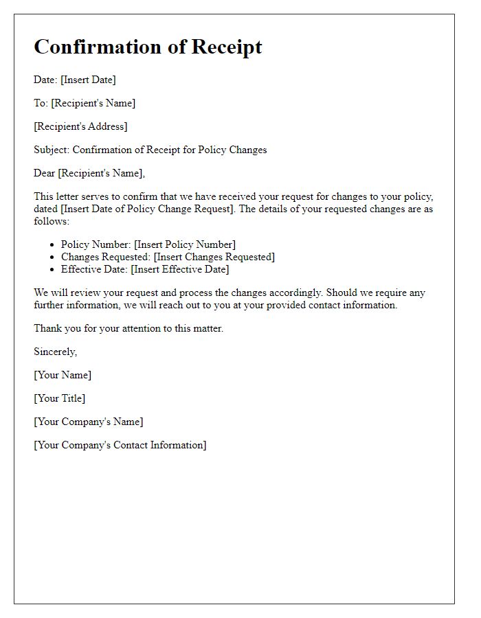 Letter template of confirmation of receipt for policy changes