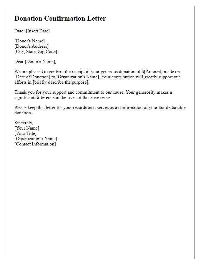 Letter template of confirmation for received donation.