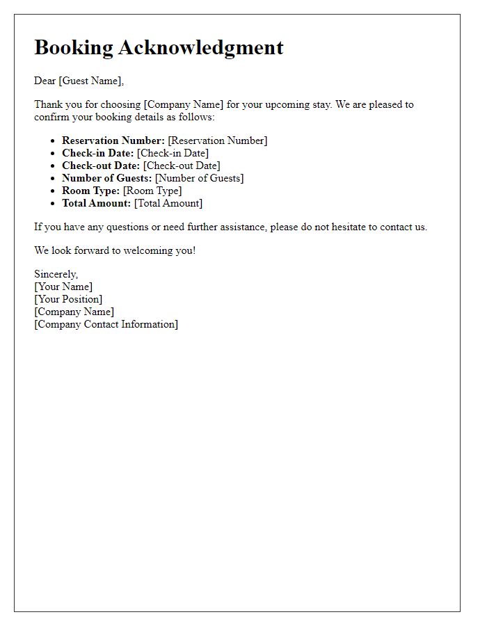 Letter template of Acknowledgment for Your Booking