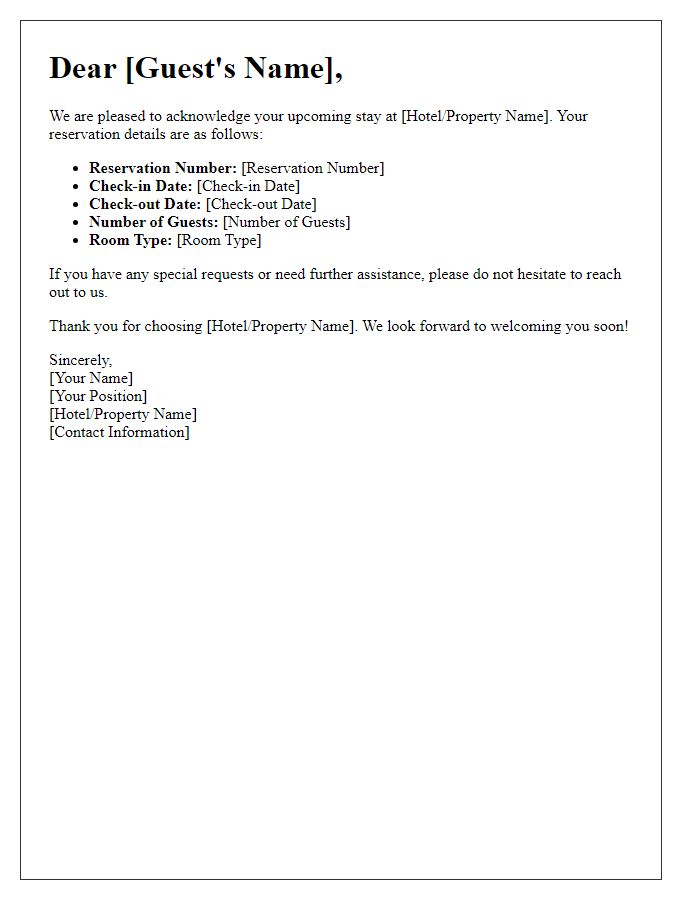 Letter template of Acknowledgment for Your Upcoming Stay