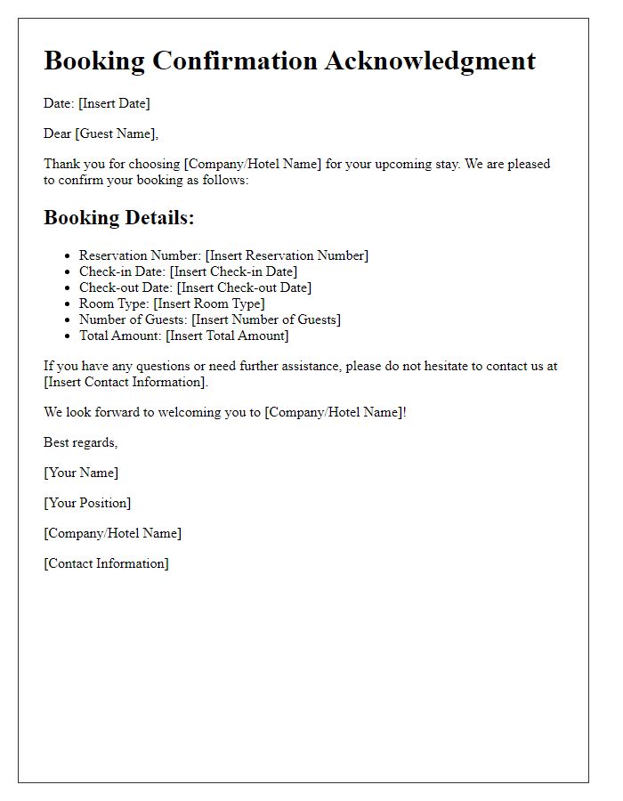 Letter template of Booking Confirmation Acknowledgment