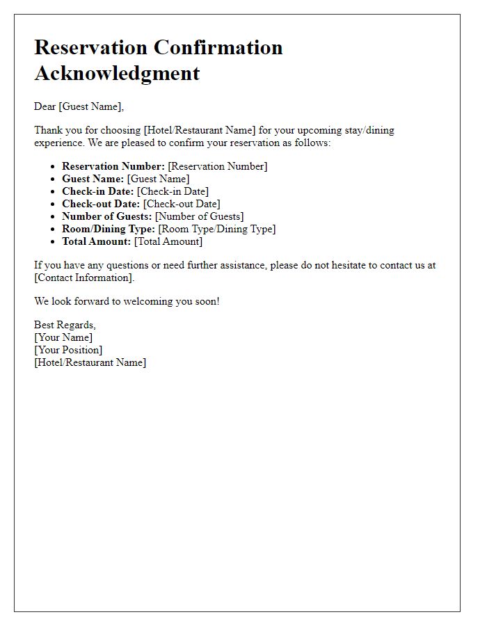 Letter template of Confirmation Acknowledgment for Your Reservation