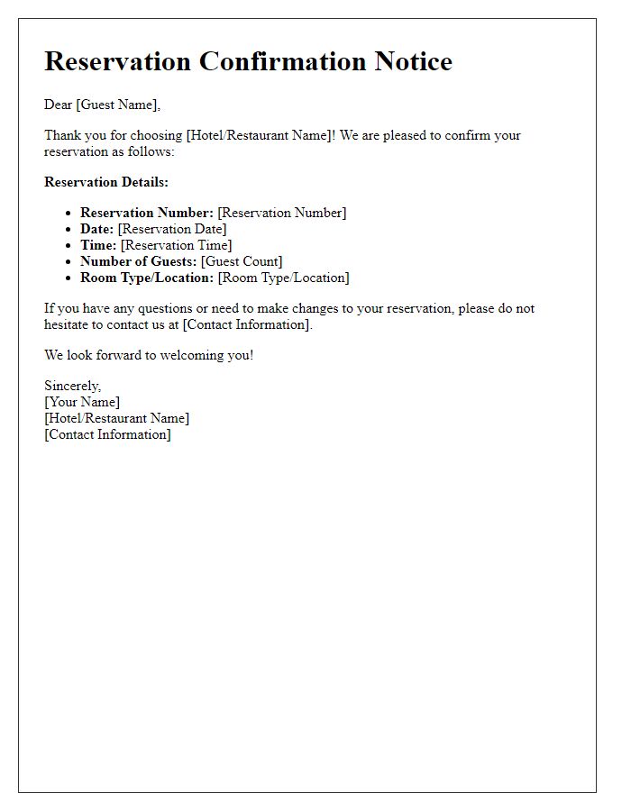 Letter template of Confirmation Notice for Your Reservation