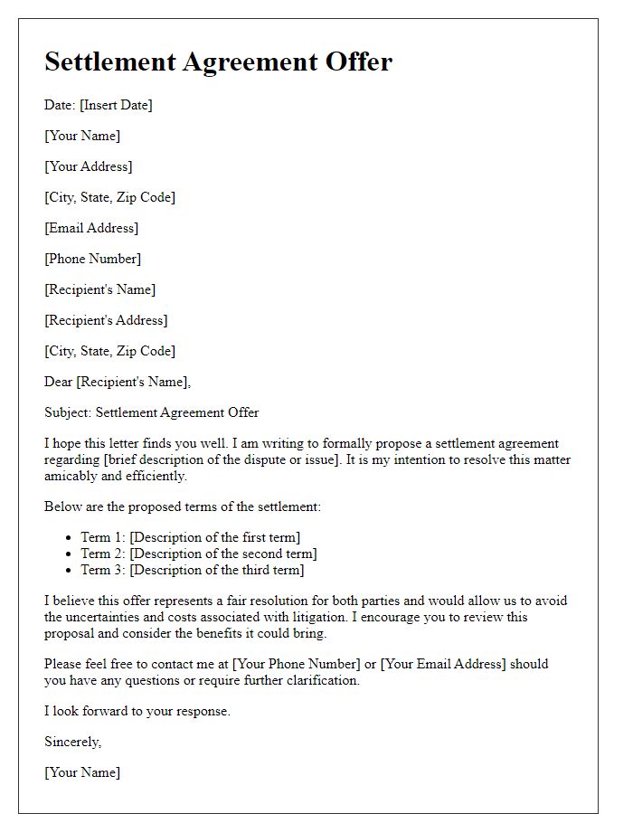 Letter template of settlement agreement offer