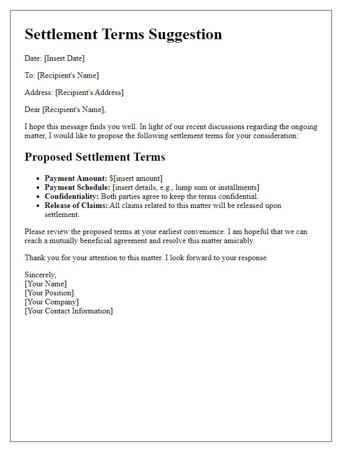 Letter template of settlement terms suggestion