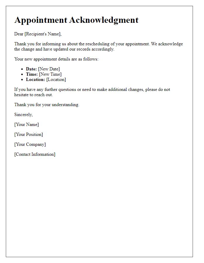 Letter template of acknowledgment for rescheduled appointment