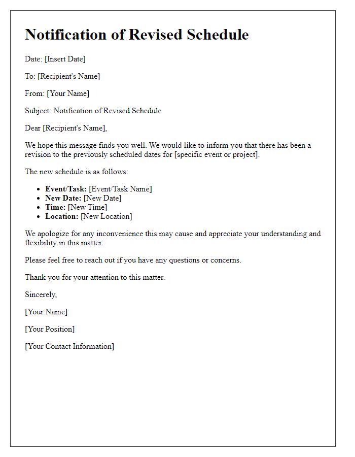 Letter template of notification for revised schedule