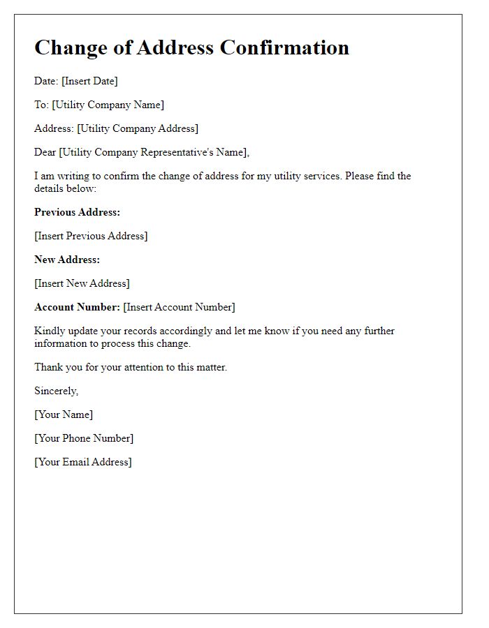 Letter template of Change of Address Confirmation for Utility Services