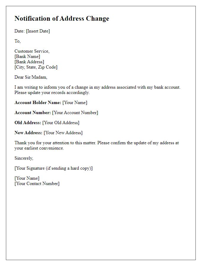 Letter template of Notification of Address Change for Bank Accounts