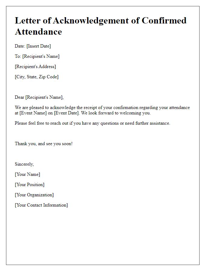 Letter template of Acknowledgement of Confirmed Attendance