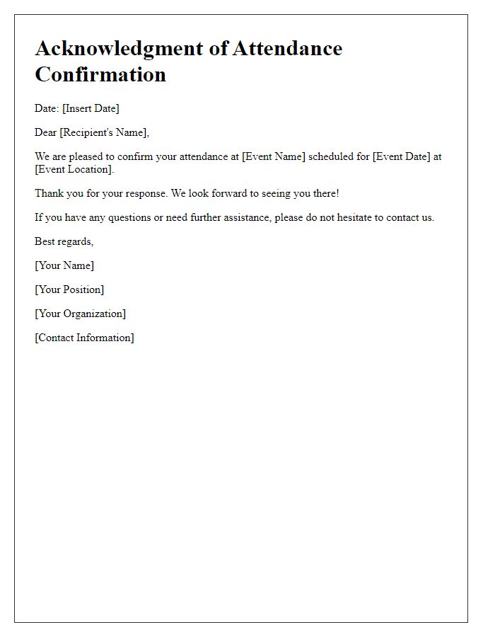 Letter template of Acknowledgment for Attendance Confirmation