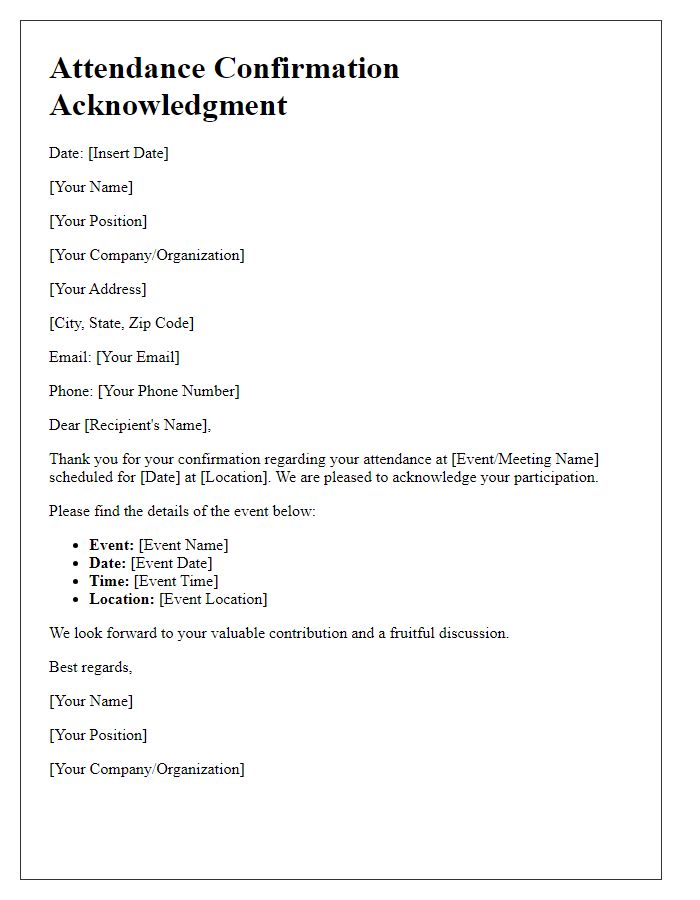 Letter template of Formal Attendance Confirmation Acknowledgment