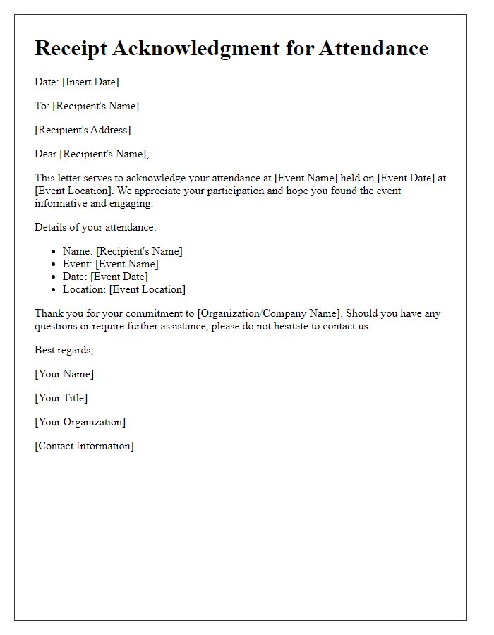 Letter template of Receipt Acknowledgment for Attendance