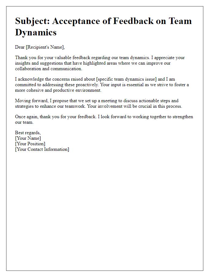 Letter template of acceptance of feedback regarding team dynamics.