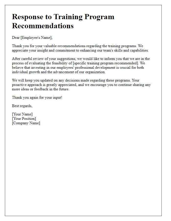 Letter template of response to employee recommendations for training programs.